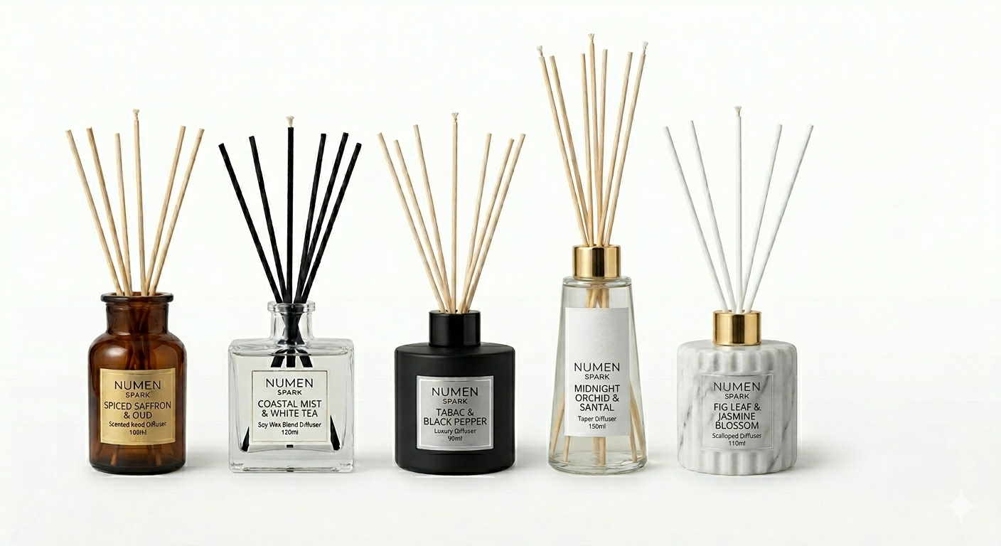 Luxury reed diffusers in apothecary glass vessels