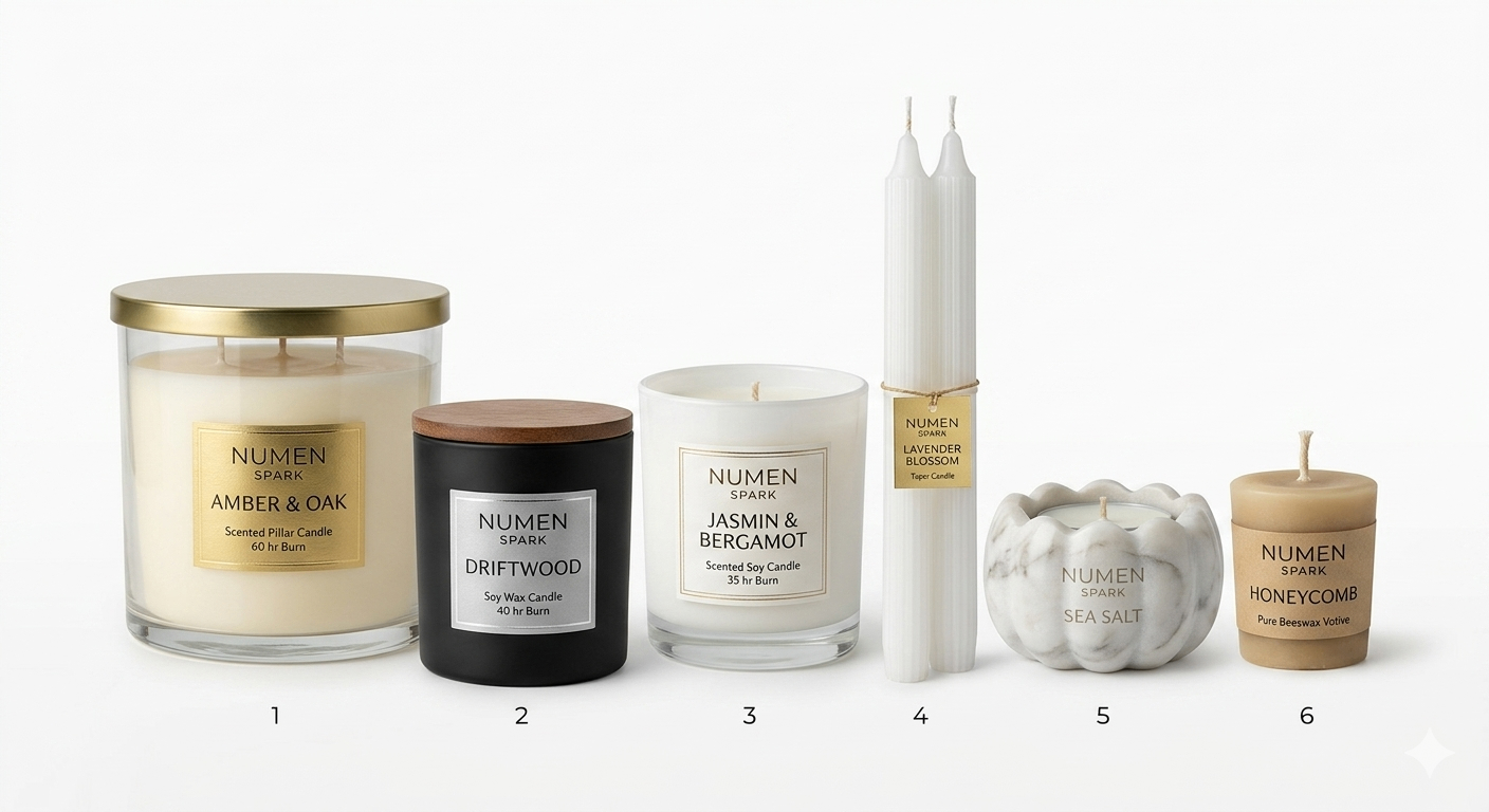 Private label soy wax candles poured at the Numen Spark workshop